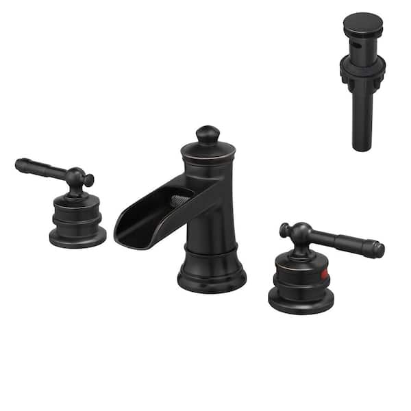 PERLIRIA INC Double Handle 3-Hole 8 in. Widespread Waterfall Bathroom Faucet with Pop Up Drain in Oil Rubbed Bronze