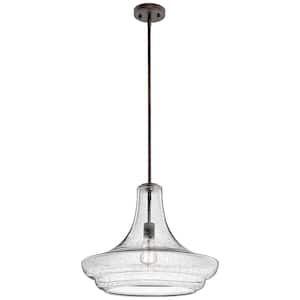 Everly 15.5 in. 1-Light Olde Bronze Transitional Shaded Kitchen Pendant Hanging Light with Clear Seeded Glass