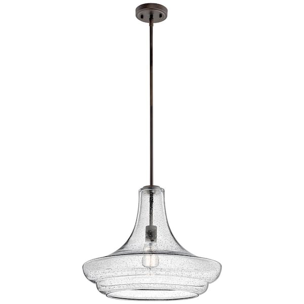 KICHLER Everly 15.5 in. 1-Light Olde Bronze Transitional Shaded Kitchen Pendant Hanging Light with Clear Seeded Glass