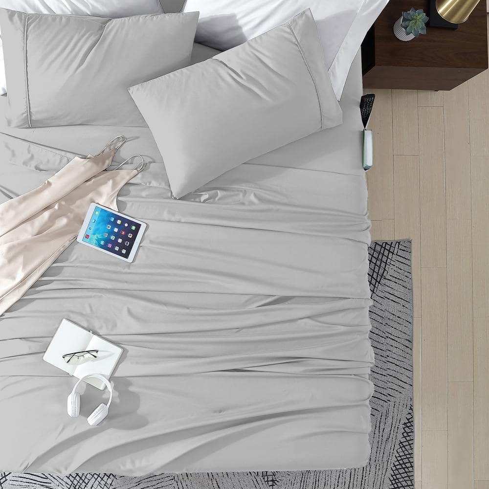 Queen Silver Microfiber Smart Sheet Set with Storage Pockets