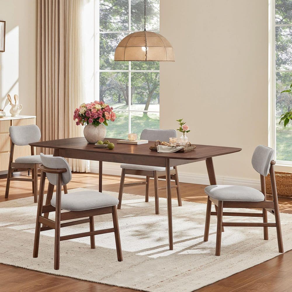 Reid Walnut 59 in. L Rectangular Wood Top Dining Table Set Seats 4 with Extendable Table,Rubber Wood Legs,Rounded Corner
