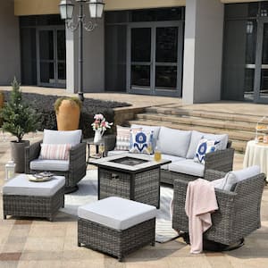 Positano Gray 7-Piece Wicker Patio Fire Pit Conversation Set with Gray Cushions and Swivel Rocking Chairs