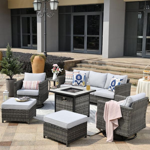 OVIOS Positano Gray 7-Piece Wicker Patio Fire Pit Conversation Set with Gray Cushions and Swivel Rocking Chairs