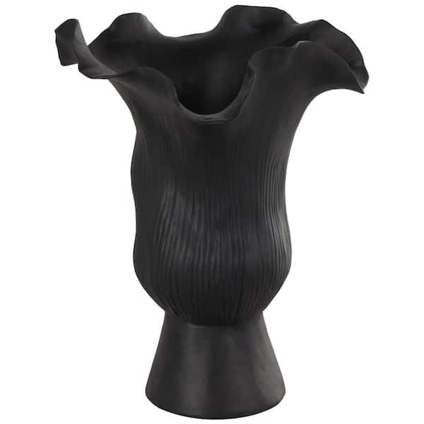 Litton Lane Black Floral Inspired Ceramic Abstract Decorative Vase with Linear Grooves