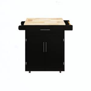 Black Rubber Wood 32.68 in. Kitchen Island with 1 Drawer, 2 Doors, Adjustable Shelves, Towel Rack and Spice Rack