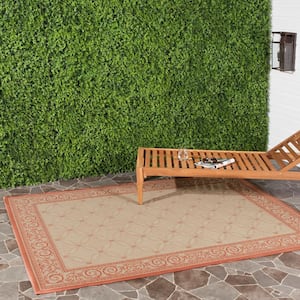 Courtyard Natural/Terracotta 7 ft. x 10 ft. Border Indoor/Outdoor Patio  Area Rug