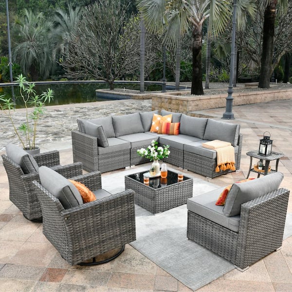 Toject Sanibel Gray 10-Piece Wicker Outdoor Patio Conversation Sofa Set with Swivel Rocking Chairs and Dark Gray Cushions