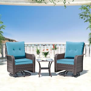 3-Piece Wicker Swivel Outdoor Rocking Chairs with Coffee Table and Cushion Blue