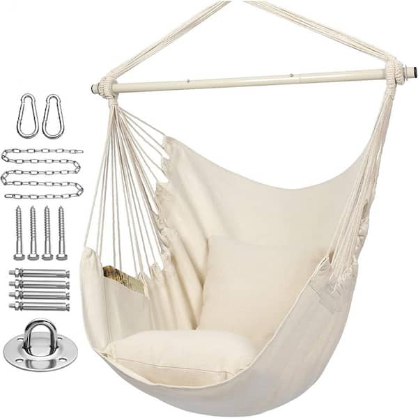 Hammock Chair Hanging Rope Swing, Maximum 500 lbs. 2-Seat Cushions  Included, Quality Cotton Weave in Beige B07DW7RYD3 - The Home Depot