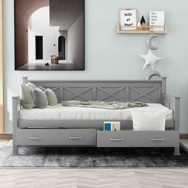 Gray Twin Daybed with 2 Large Drawers, X-shaped Frame