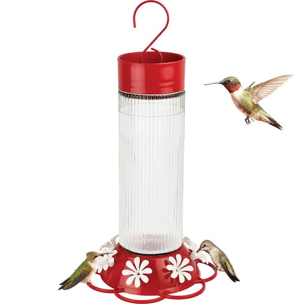 Ribbed Rose Glass Gravity Hummingbird Feeder 28 oz. Red