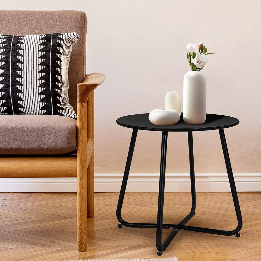 Black Round Metal Outdoor End Table with Adjustable Feet