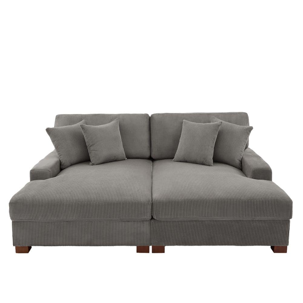 83 in. Square Arm Light Gray Corduroy Fabric Upholstered Sectional Sofa With Four Pillows And Wood Leg