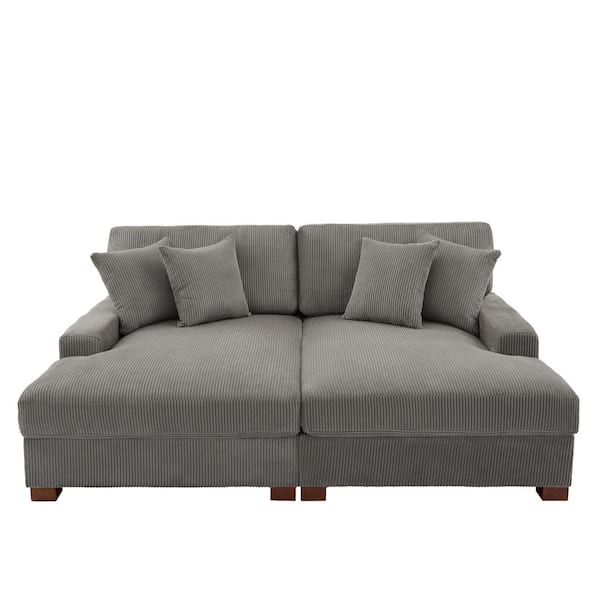 83 in. Square Arm Light Gray Corduroy Fabric Upholstered Sectional Sofa With Four Pillows And Wood Leg