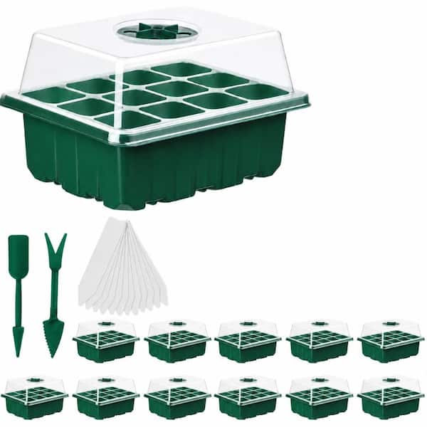 12-Pack Seed Starter Tray Set with Humidity Adjustable Dome, 144 Cells Total, Clear Plastic Mini Greenhouse Germination