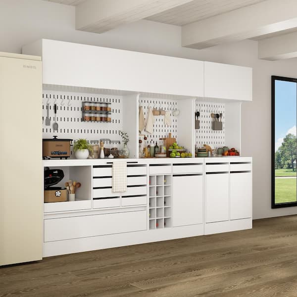 FUFU&GAGA 3-in-1 White Wood Buffet and Hutch Storage Cabinet with Garbage Bin, Drawers, Wine Cube, Hook(110.2 in. W x 78.7 in. H)