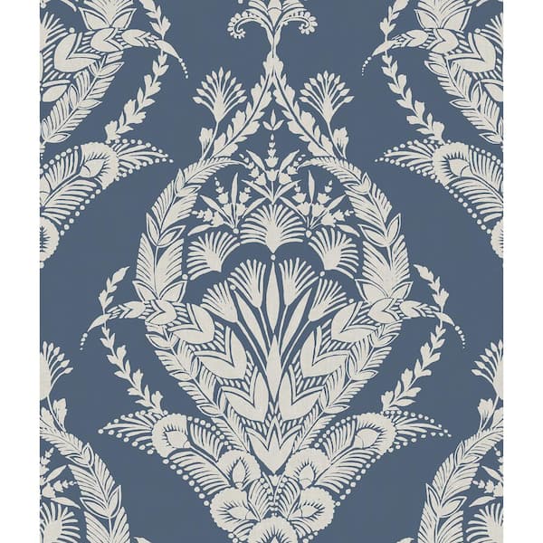 A-Street Prints Arlie Indigo Blue Botanical Damask Matte Non Woven Wallpaper Sample