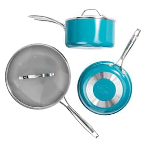5-Piece Aluminum Ti-Ceramic Nonstick Round Cookware Set with Lids in Aqua Blue