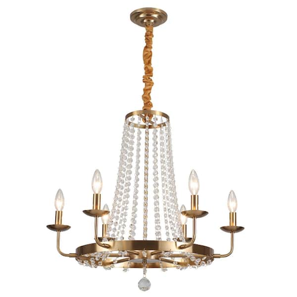 ADSENSTY 6-Light Gold Empire Glam Chandelier with Clear Crystal Accents, Adjustable Chain Wagon Wheel Chandelier