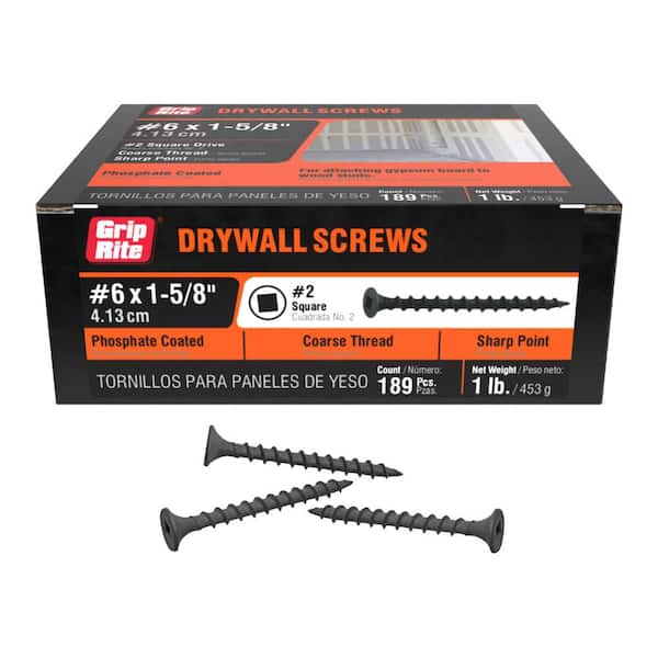 Grip-Rite #6 1-5/8 in. Square Drive Bugle Head Coarse Thread Drywall Screws 1 lb. Box