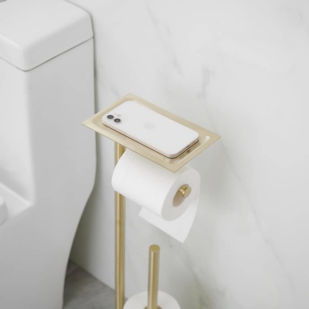 Brushed Gold Freestanding Toilet Paper Holder with Storage Shelf