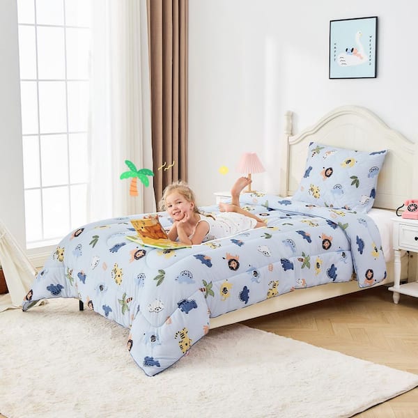 2-Piece Blue Twin Comforter Set for Kids, Microfiber All-Season Lightweight Bedding