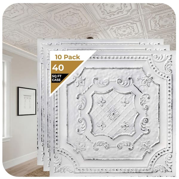 Elizabethan Shield Old Black White 2 ft. x 2 ft. Decorative PVC Glue Up Faux Tin Ceiling Tile (40 sq. ft./case)
