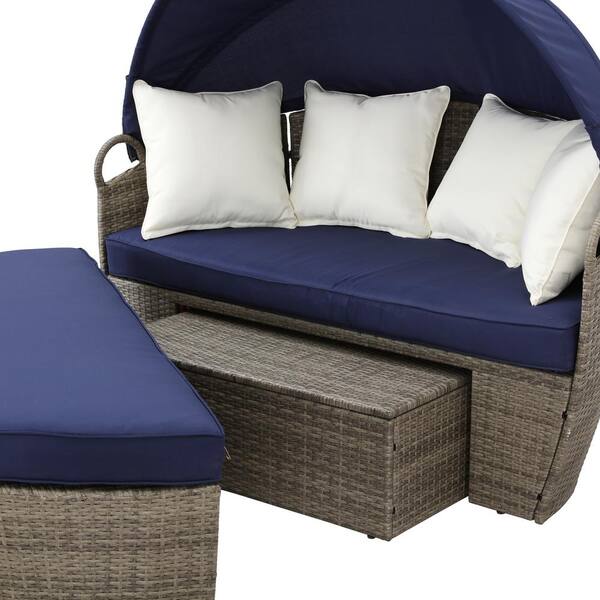 Patio Festival 3 Piece Wicker Outdoor Day Bed With Blue Cushions Pf18200 B The Home Depot - Outdoor Wicker Patio Daybed With Ottoman Cushions