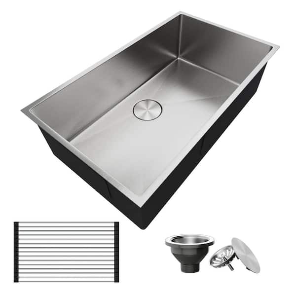 30 in. Undermount Single Bowl 16 Gauge Brushed Nickel Stainless Steel Kitchen Sink with with Strainer, Drying Rack