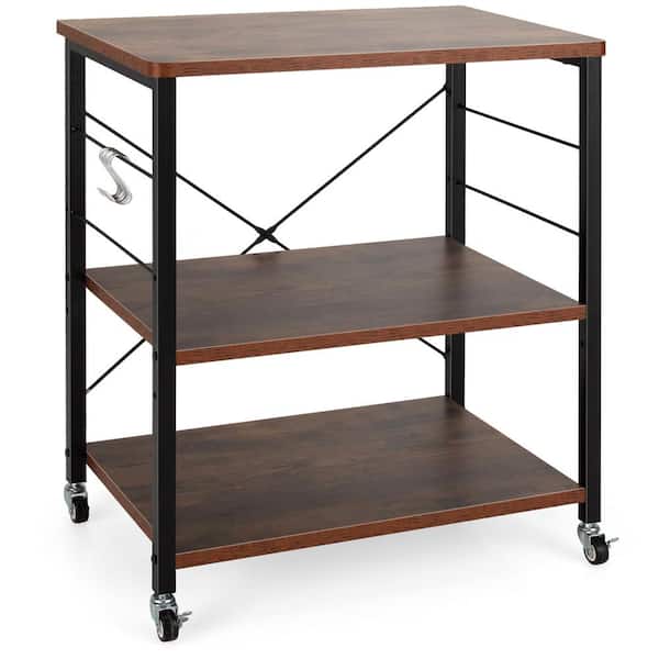 Costway 3-Tier Kitchen Baker's Rack Microwave Oven Storage Cart w/Hooks Rustic