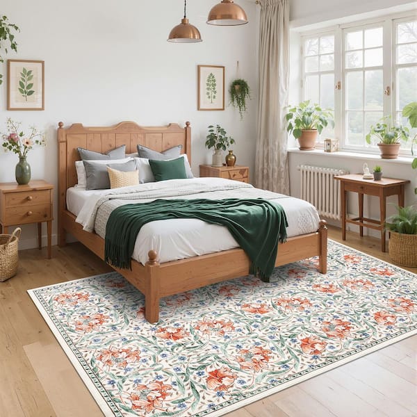 Beige 9 ft. x 12 ft. Anti-Slip Plant Print Rug Vintage Machine Washable Low Pile Foldable for Bedroom Corridor Kitchen