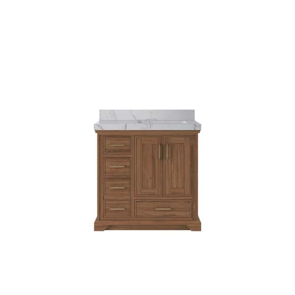 Willow Collections Charlotte Teak 36 in. W x 22 in. D x 36 in. H Right Offset Sink Bath Vanity in Dark Natural with 2" Venatino Quartz Top