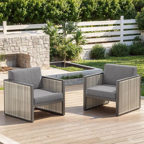 Square Tube Series 2-Pack Gray Wicker Outdoor Patio Lounge Chair with Cushion Guard Light Gray Cushions