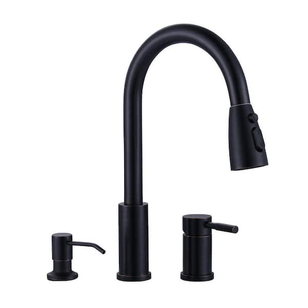 15 in. H Stainless Steel Pull Down Sprayer Kitchen Faucet with Soap Dispenser, 360° Swivel Spout in Oil Rubbed Bronze