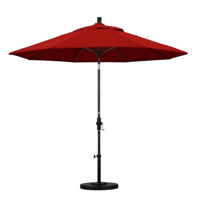 9 ft. Matted Black Aluminum Market Patio Umbrella with Fiberglass Ribs Collar Tilt Crank Lift in Jockey Red Sunbrella