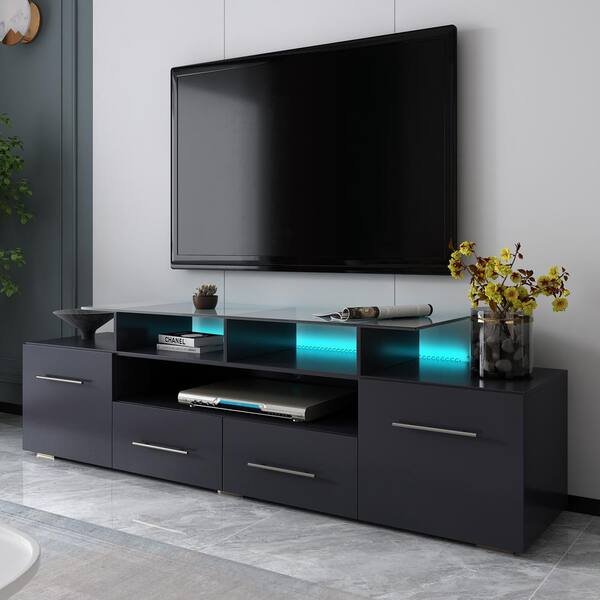 ELEGANT Modern LED TV Unit Black Gloss 200cm Long TV Stand Cabinet