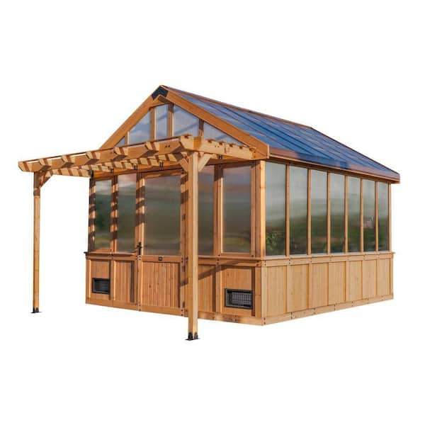 Bellerose XL 13 ft. x 11 ft. Cedar Wood Walk-In Greenhouse Kit Pergola and Temperature-Activated Fan for Outdoor Garden