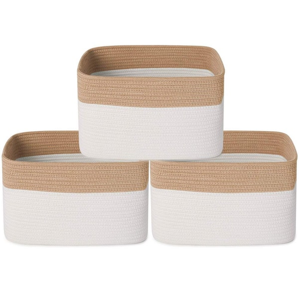Unbranded 3-Pieces White/Brown Woven Cotton Rope Storage Baskets with Handles