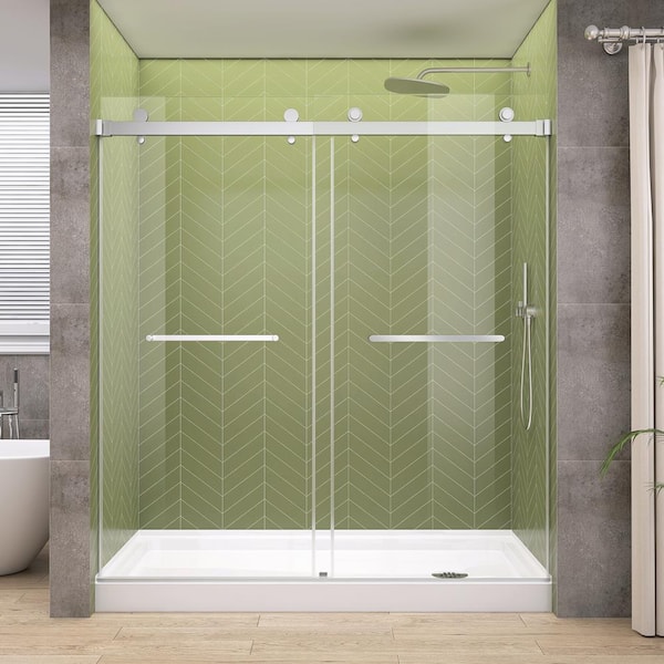 Getpro 60 in. W x 76 in. H Sliding Frameless Alcove Bypass Double Glass Shower Door in Brushed Nickel 5/16 in. Tempered Glass