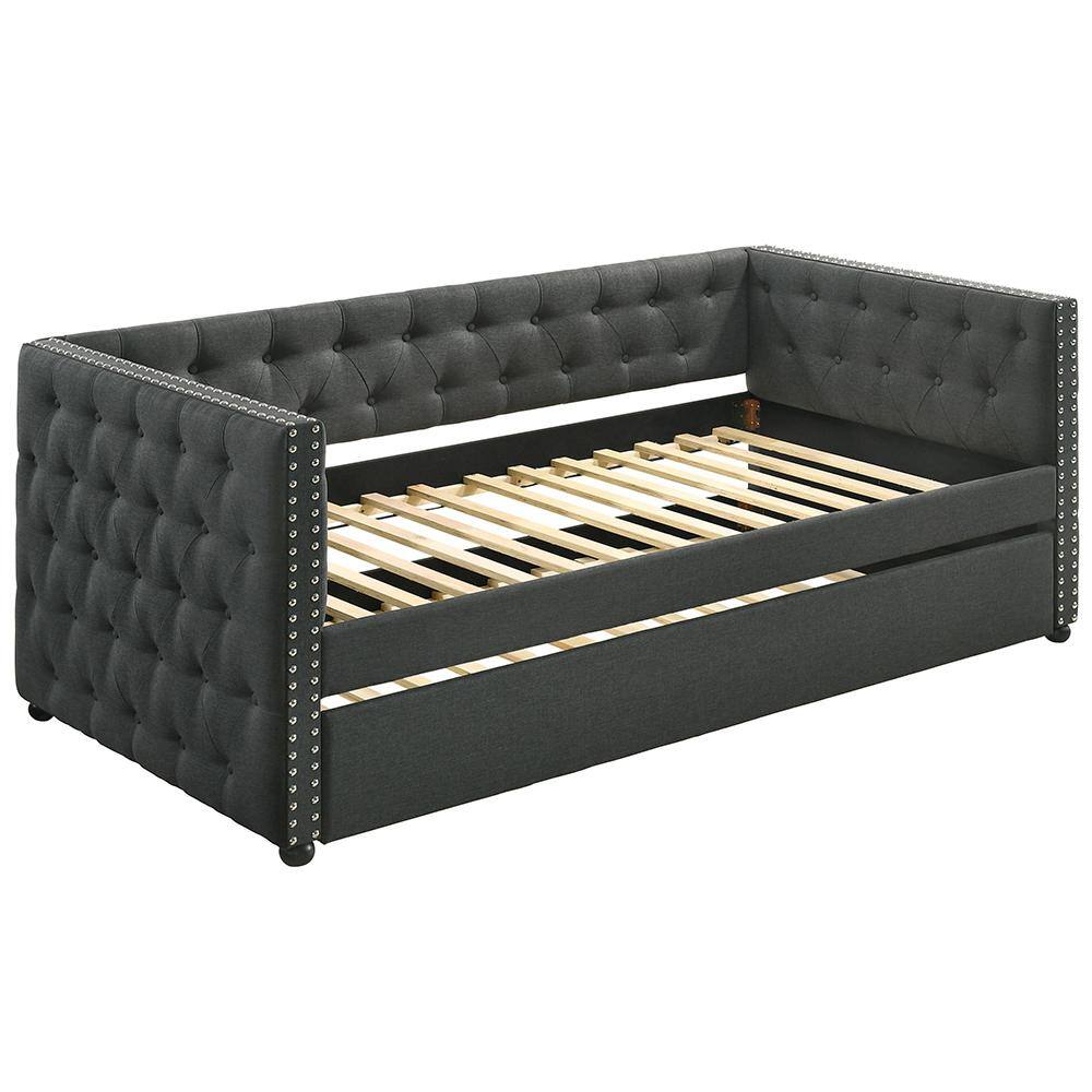 Romona Gray Twin Upholstered Daybed with Trundle and Nailhead Trim
