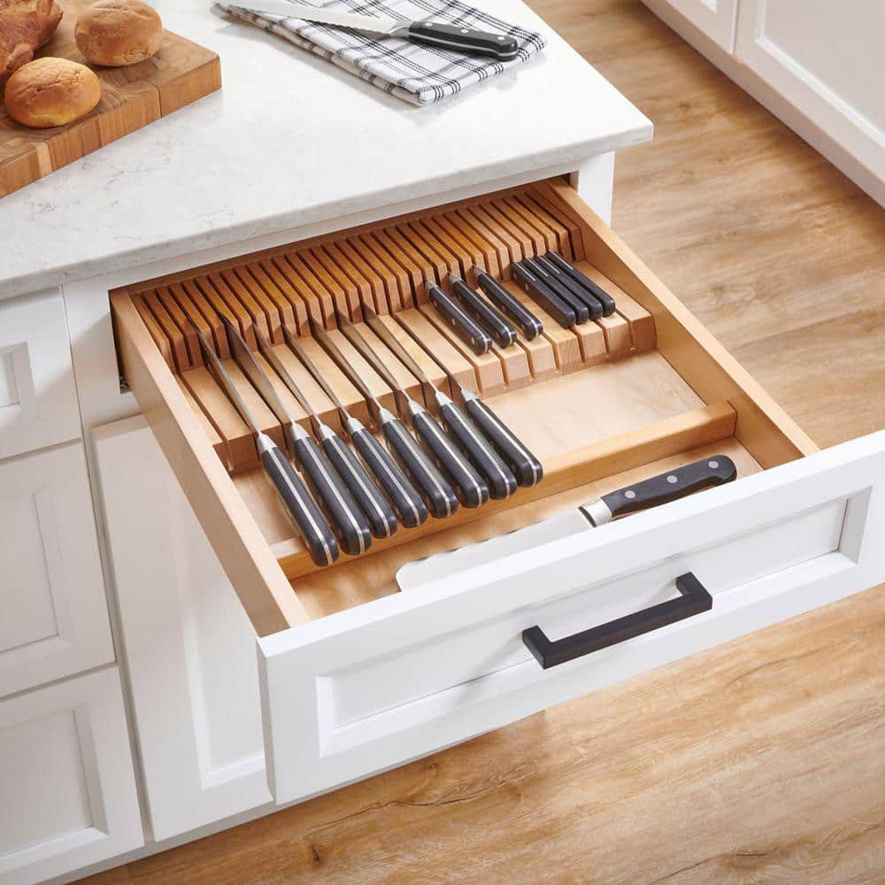 Natural Maple Wood Dual Row Knife Block Drawer Organizer Insert