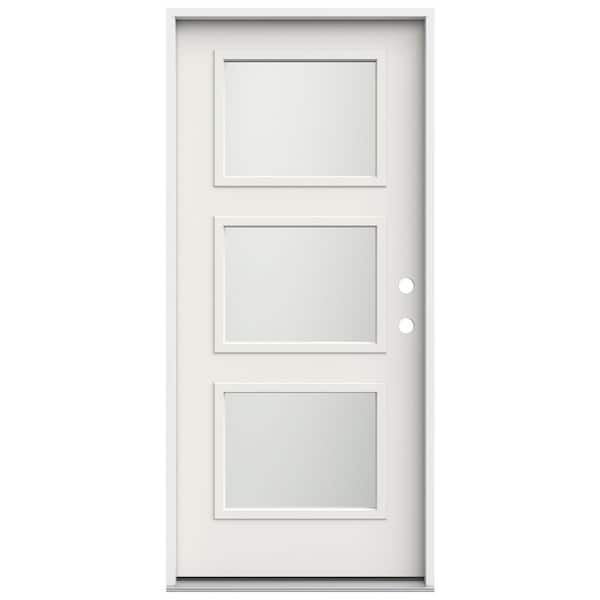 JELD-WEN 36 in. x 80 in. Left-Hand/Inswing 3 Lite Equal Frosted Glass White Steel Prehung Front Door