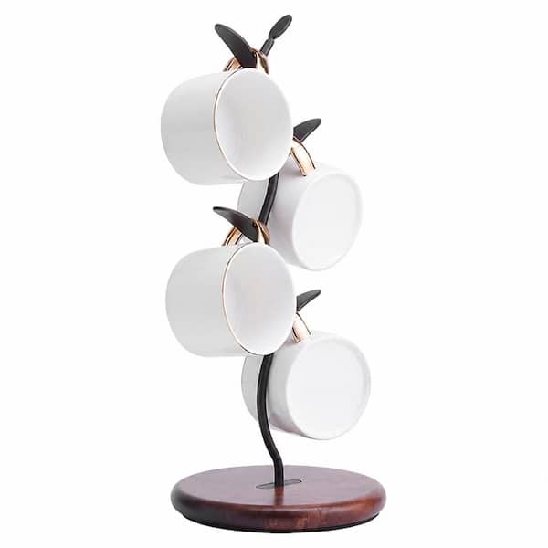 Stable 4-Hook Coffee and Tea Mug Storage Rack with Wood Base for Countertop and Cabinet Holder, Mugs/Tea