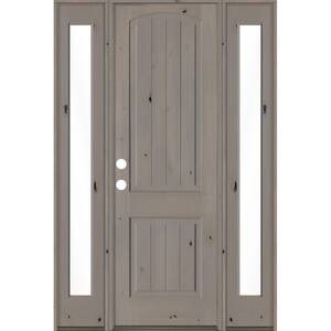 58 in. x 96 in. Rustic knotty alder Sidelite 2 Panel Right-Hand/Inswing Clear Glass Grey Stain Wood Prehung Front Door