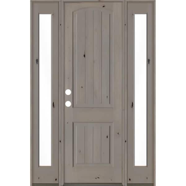 Krosswood Doors 58 in. x 96 in. Rustic knotty alder Sidelite 2 Panel Right-Hand/Inswing Clear Glass Grey Stain Wood Prehung Front Door