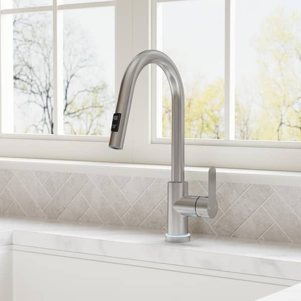 Pull Down Sprayer Kitchen Faucet 1.8 GPM with LED Light, 15.9" Height, 360° Swivel Spout Faucet in Brushed Nickel