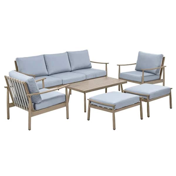 Sunset Retreat 6-Piece Blue Aluminum Patio Conversation Set with 2-Webbing Chairs, sofa, 2-Ottomans and Coffee table