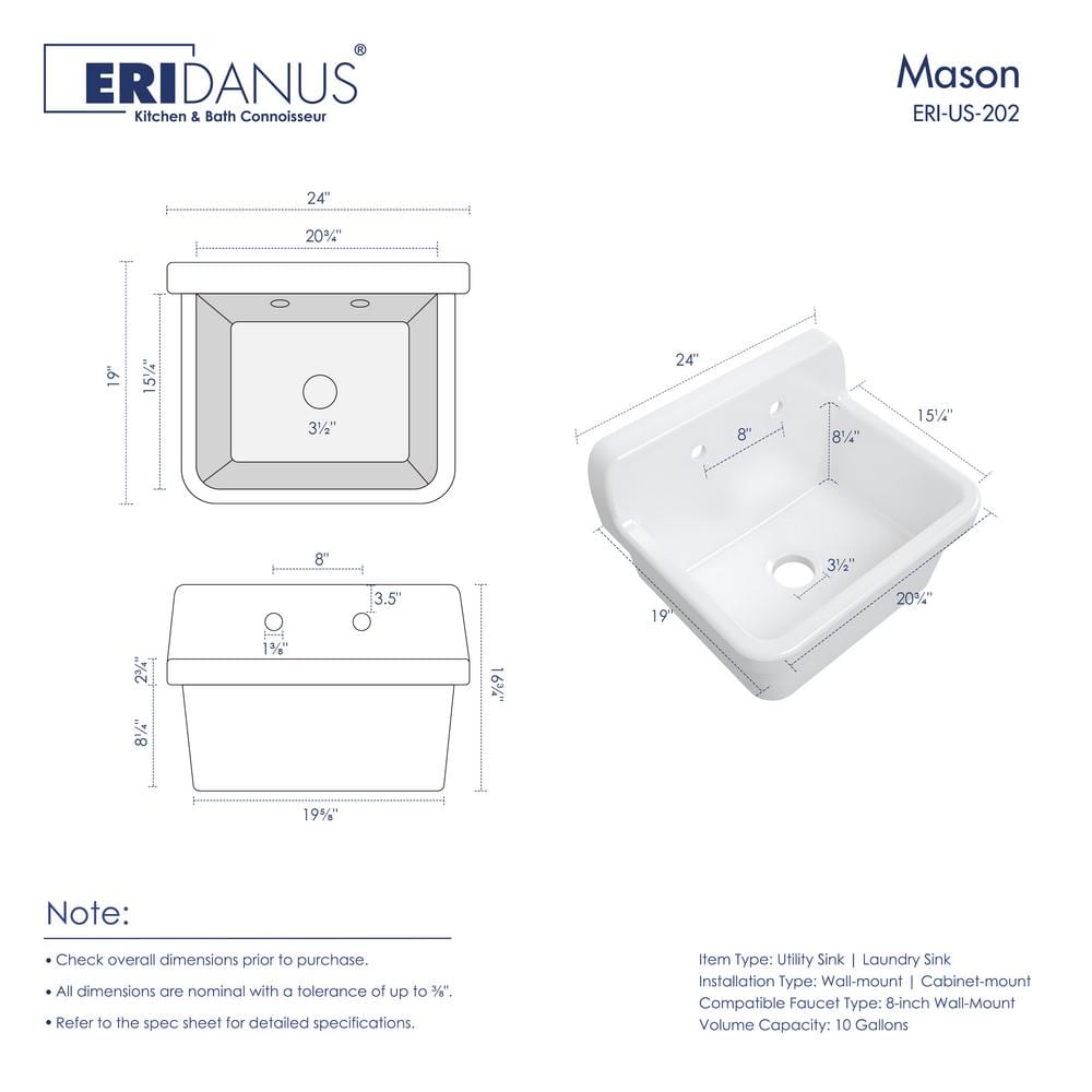 Mason 24-inch White Ceramic Farmhouse Wall Mount Utility Sink