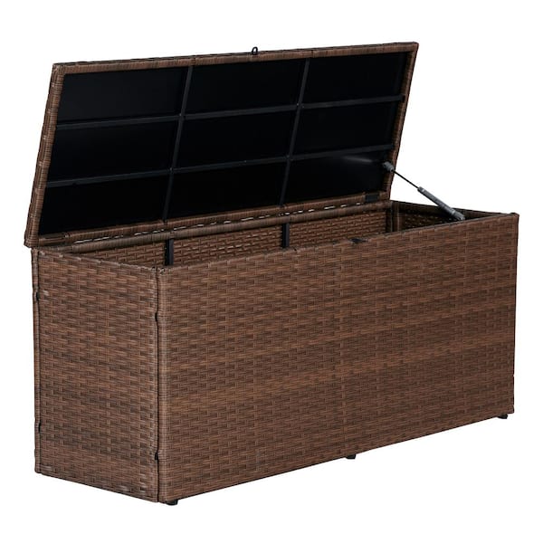 happimess Nino 47.24 in. Modern Minimalist Outdoor Faux Wicker 58.5 Gal. Patio Storage Deck Box, Brown
