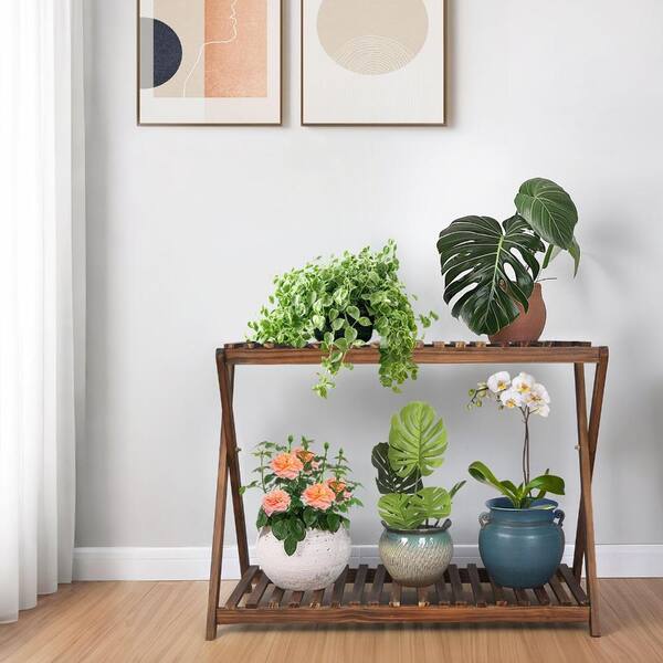 28.7 in Pine Wood 2 Tier Plant Stand X Cross Carbonized Color